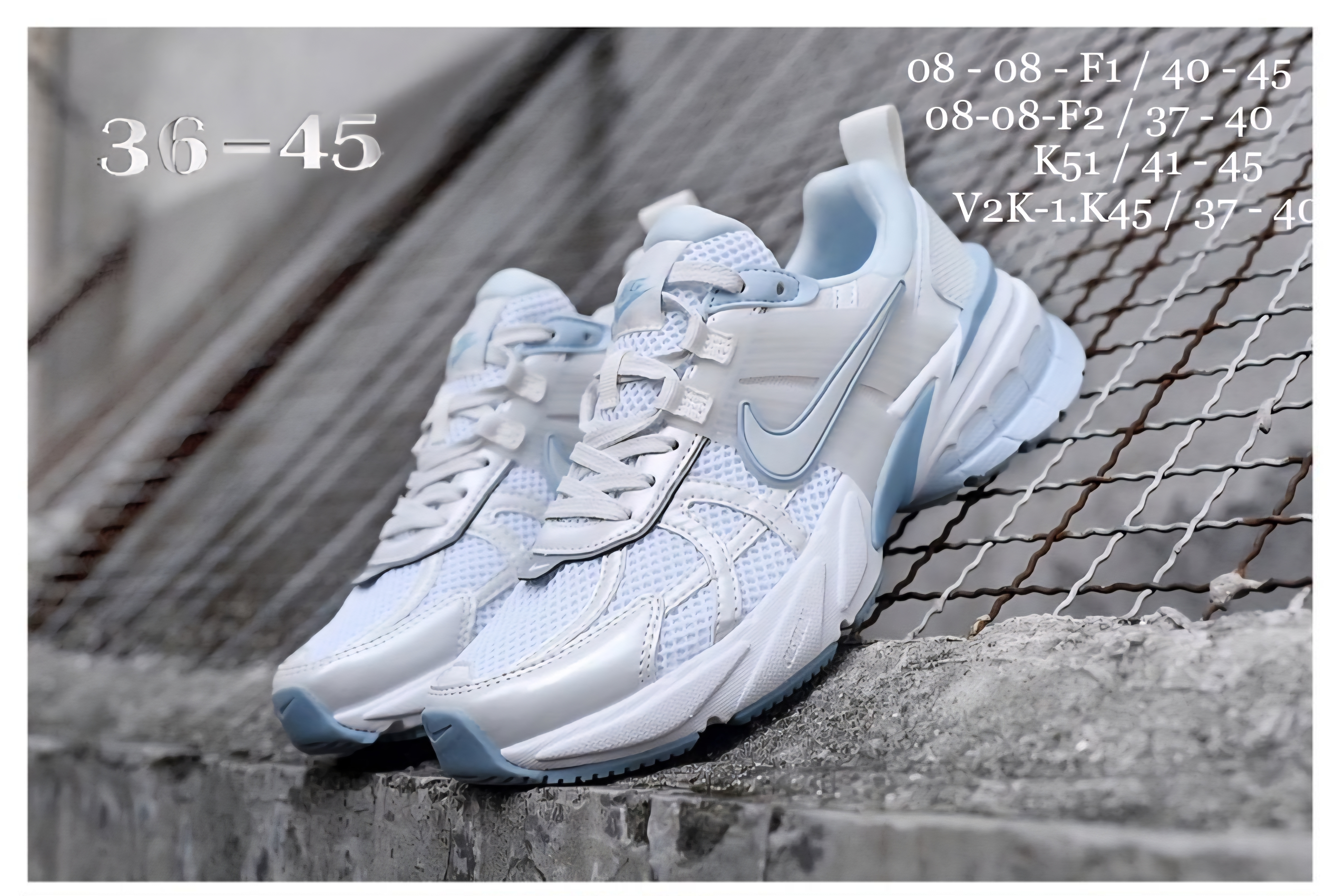 کتونی نایک سفید آبی مدل V2K مناسب پیاده‌روی شهری و استفاده روزمره سایز ۳۷ تا ۴۱